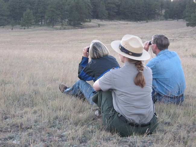 Three people sit on a grassy hillside. They are looking through binoculars.