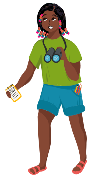 A young black girl with braids is wearing a green shirt and blue shorts. She is holding a pair of binoculars and a notebook with colored pencils in her pocket.