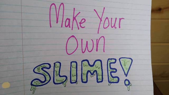 Moving image shows title card "Make your Own Slime!" in colorful letters. On a table, a container is by objects labelled baking soda, dish soap, and there's green food coloring. All the ingredients are combined, mixed, and googly eyes are added.