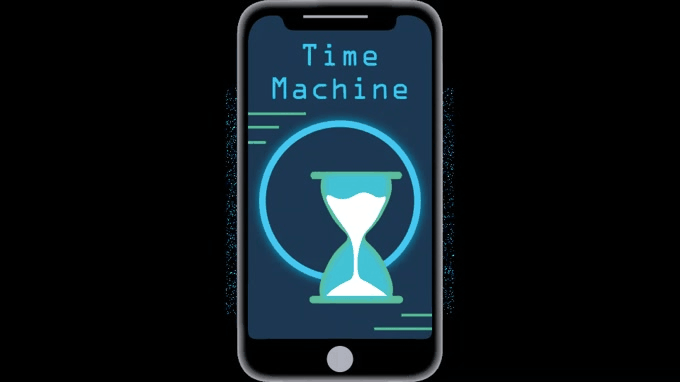 A GIF image of a smartphone shows an app called the "Time Machine" shows a screen with a blue hourglass inside a blue circle. A magical light with sparkles illuminates the phone from the bottom.