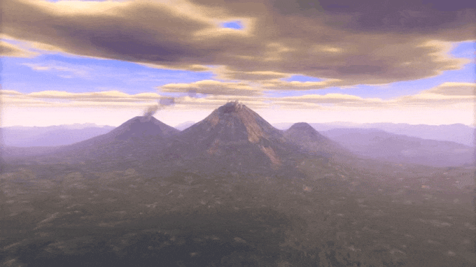 GIF image showing a large stratovolcano erupting ash that covers the surrounding area.