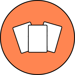 A round orangish pink graphic showing three blank cards that are slightly overlaid on one another.