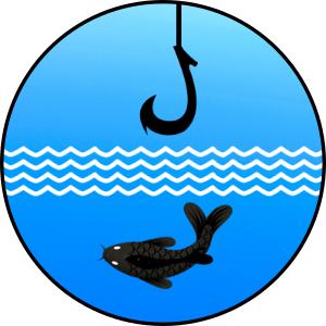 A black silhouette of a fish is swimming under the water's surface beneath a hook that is about to be put in the water.