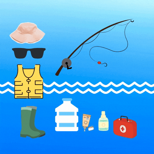 Moving image showing various supplies to take while fishing: rod, reel, line, hook and bobber. a hat, sunglasses, life jacket, waterproof shoes or boots, drinking water, sunscreen and first-aid.