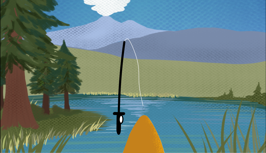 Lake Florissant is shown with the front of the boat on the water's surface. The lake is surrounded by Redwoods and the volcanoes are visible in the distance. A fishing line with a hook is cast into the water from the boat.