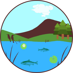 The lake is shown in front of a sun setting behind rolling green hills. Trees surround the lake.