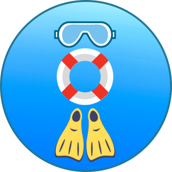 Swimming goggles are shown above a circular red and white life preserver, which is shown above yellow swim fins.