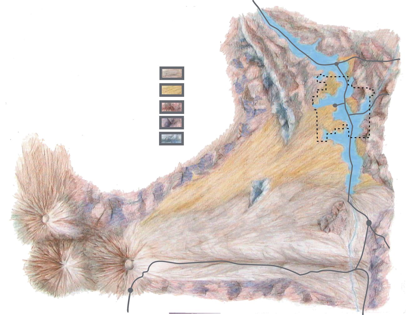 A colored pencil sketch illustrating an aerial view of the Guffey volcanic complex. The sketch shows this with respect to the lake and extent of the monument.