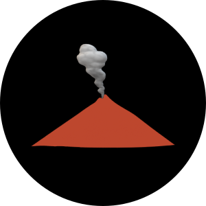 A plume of smoke and ash rises from the top of a large brown volcano.