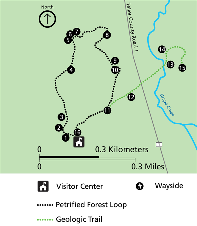 Map of Florissant Fossil Beds with locations of waysides numbered in black dots.