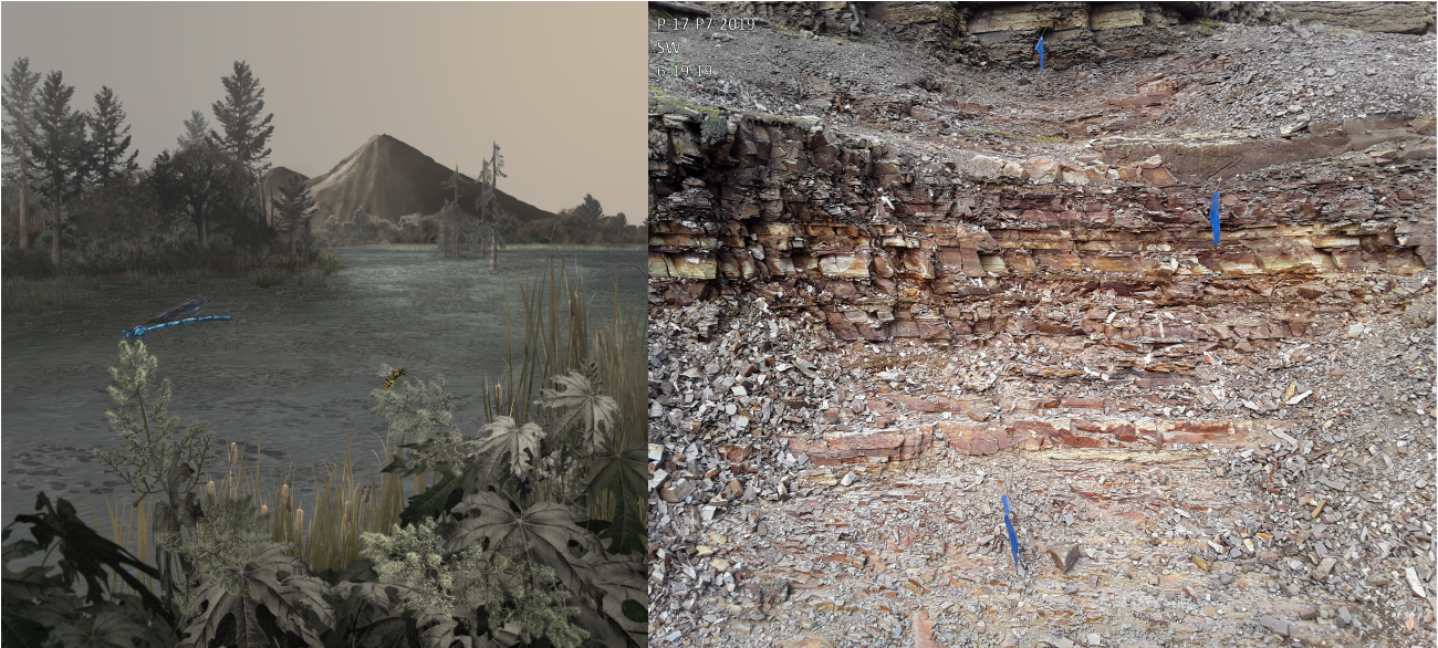 Two images side by side, the left picturing artwork of the ancient lake with a grey covering of ash during the Eocene, the right showing a selection of the buff shale today the ash became.