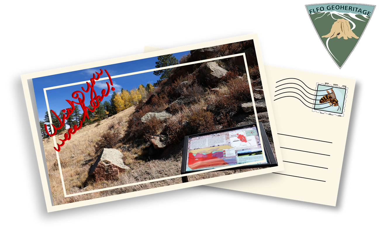 Illustration of a post card with photograph of a rocky hillside and a wayside in the lower right corner, in the upper left corner are the words "wish you were here" written in red.