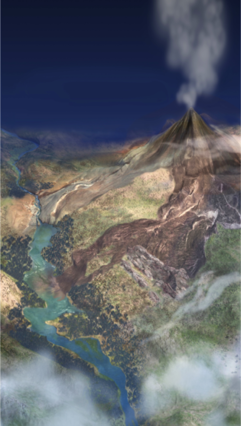 Artwork depicting a volcanic mudflow filling blocking a stream and creating a lake