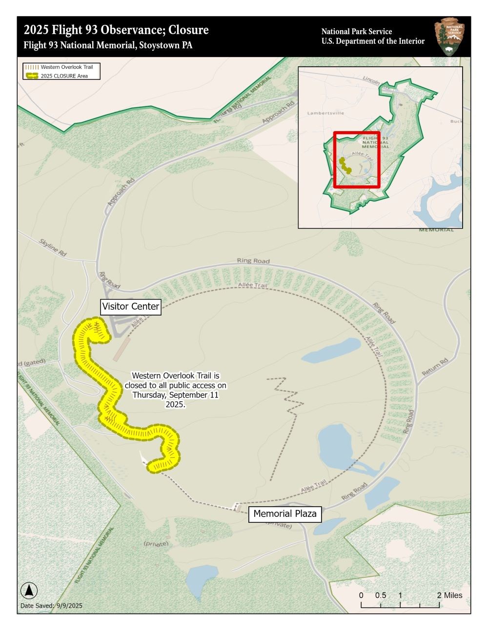Map of Flight 93 National Memorial showing closed trail