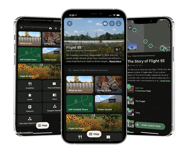 Three cell phones with screens showing different pages of the NPS App and features specific to Flight 93 National Memorial