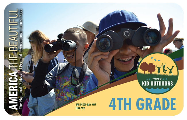 4th Grade America the Beautiful Pass with a photo of kids looking through binoculars