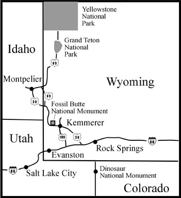 Map showing the location of Fossil Butte in southwest Wyoming with major towns and highways labeled.