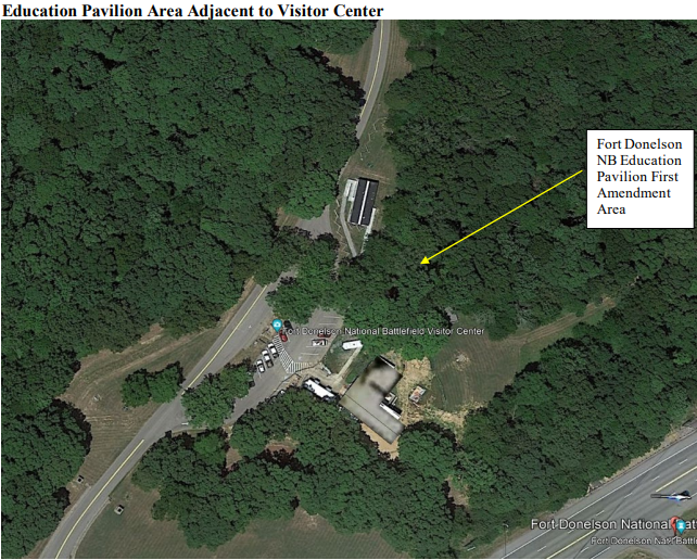 Satellite image of the First Amendment Area at Fort Donelson National Battlefield. A yellow arrow points to the location with text stating: "Fort Donelson NB Education Pavilion First Amendment Area."