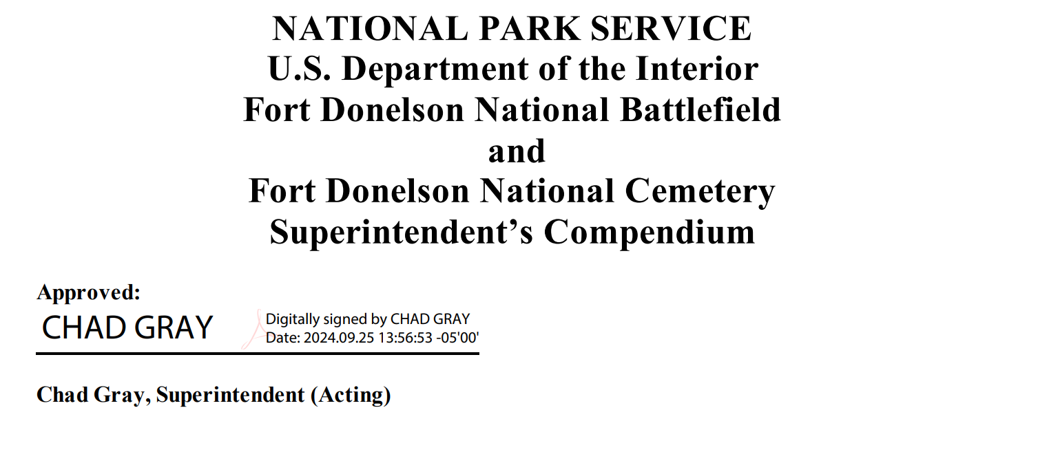 Digital signautre by acting superintendent Chad Gray approving Fort Donelson National Battlefield's superintendent's compendium for 2024.