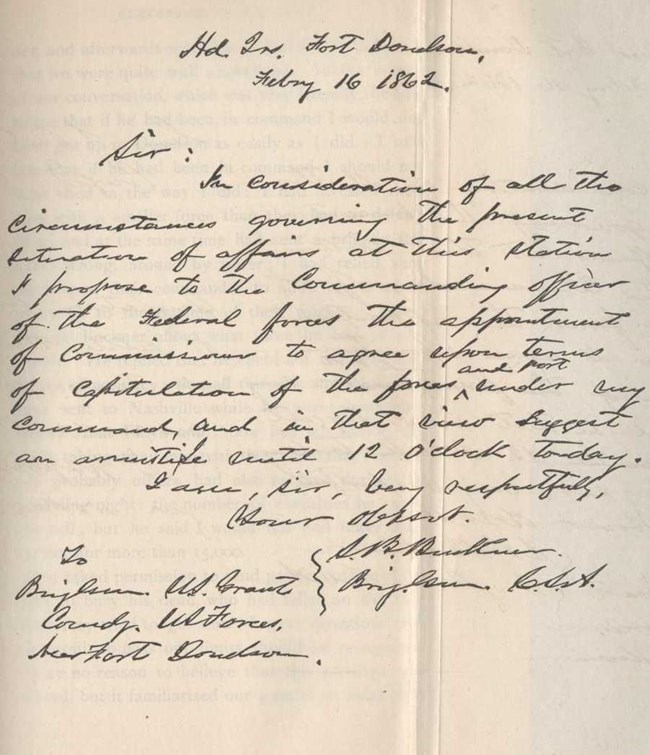 Reproduced copy of the communication that Brigadier General Simon B. Buckner, CSA, sent to Ulysses S. Grant. February 16, 1862