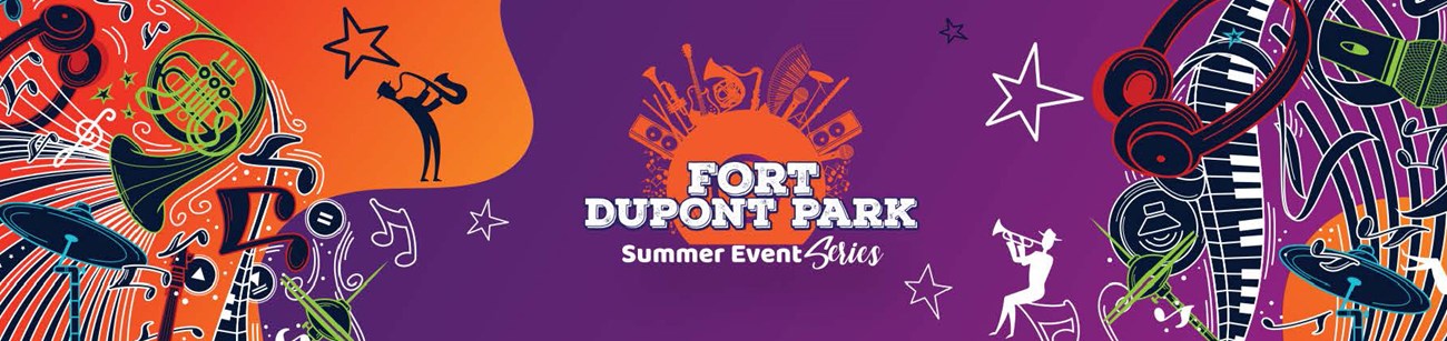 Fort Dupont Summer Concert Series logo with colorful musical themed instruments and silhouettes.