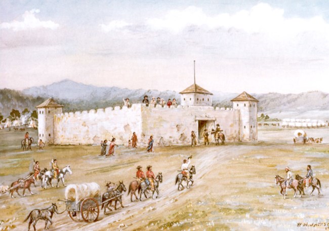 A painting depicting a adobe wall fort with several people riding horses in the foreground, set against a scenic landscape