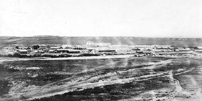 Looking westward towards Fort Laramie in 1877, black and white photograph