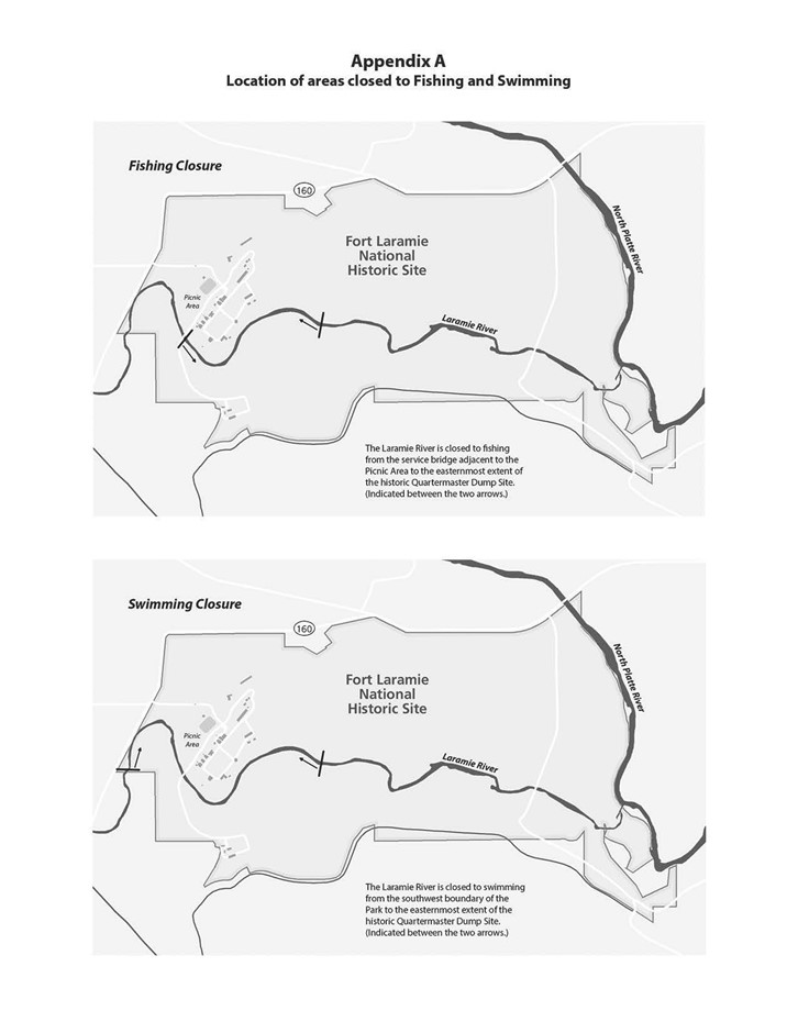 Two maps showing the area where the Laramie River is closed to fishing and swimming matching the superintendent's compendium
