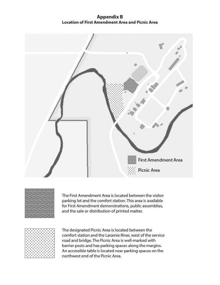 A map showing the picnic areas and First Amendment areas as defined by the Superintendent's Compendium