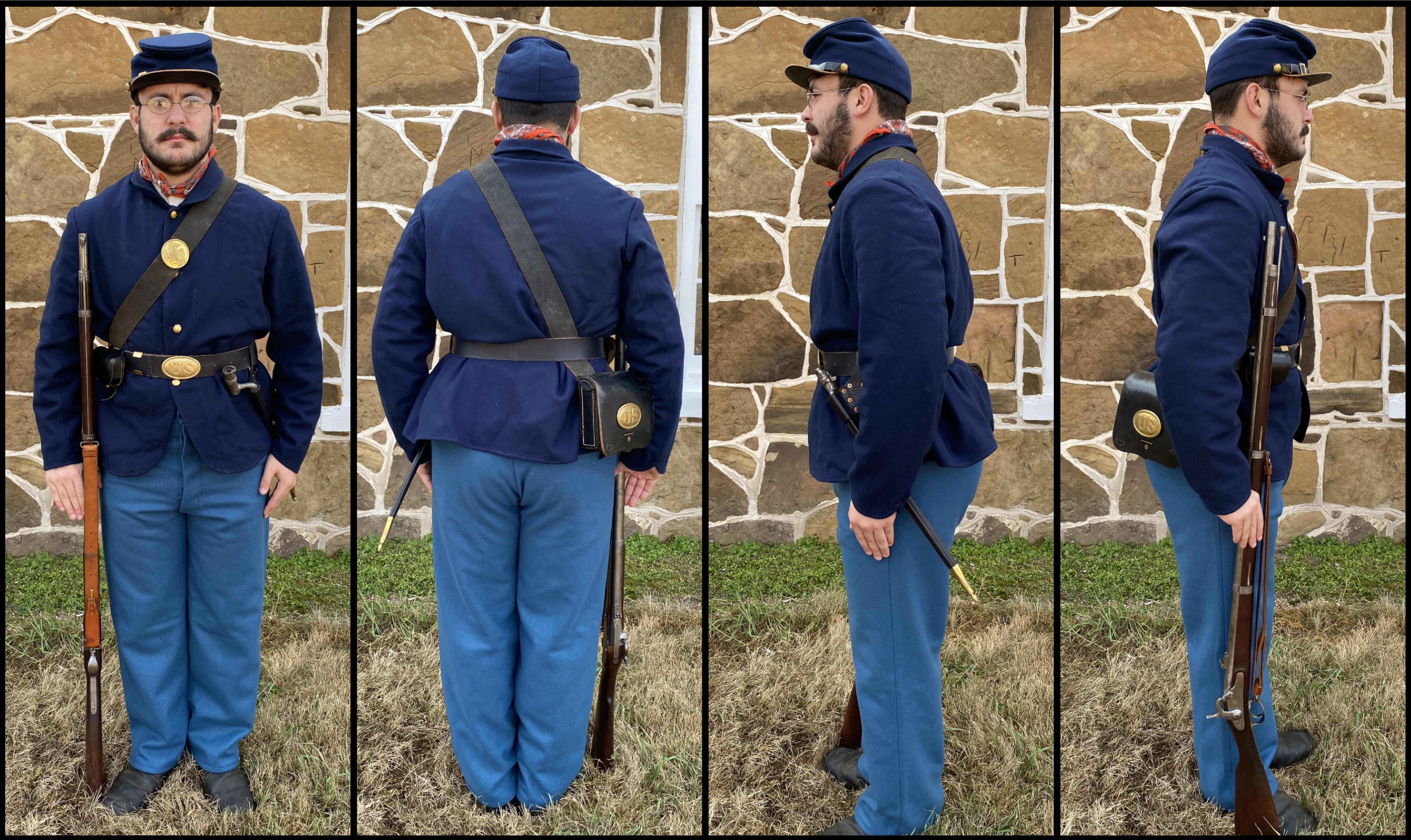 A collage of photos of a man dressed in a 19th century US infantry fatigue uniform