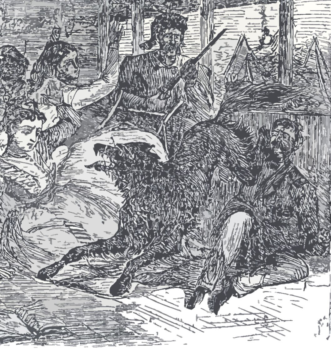Woodcut image of wolf attacking several people in a building.