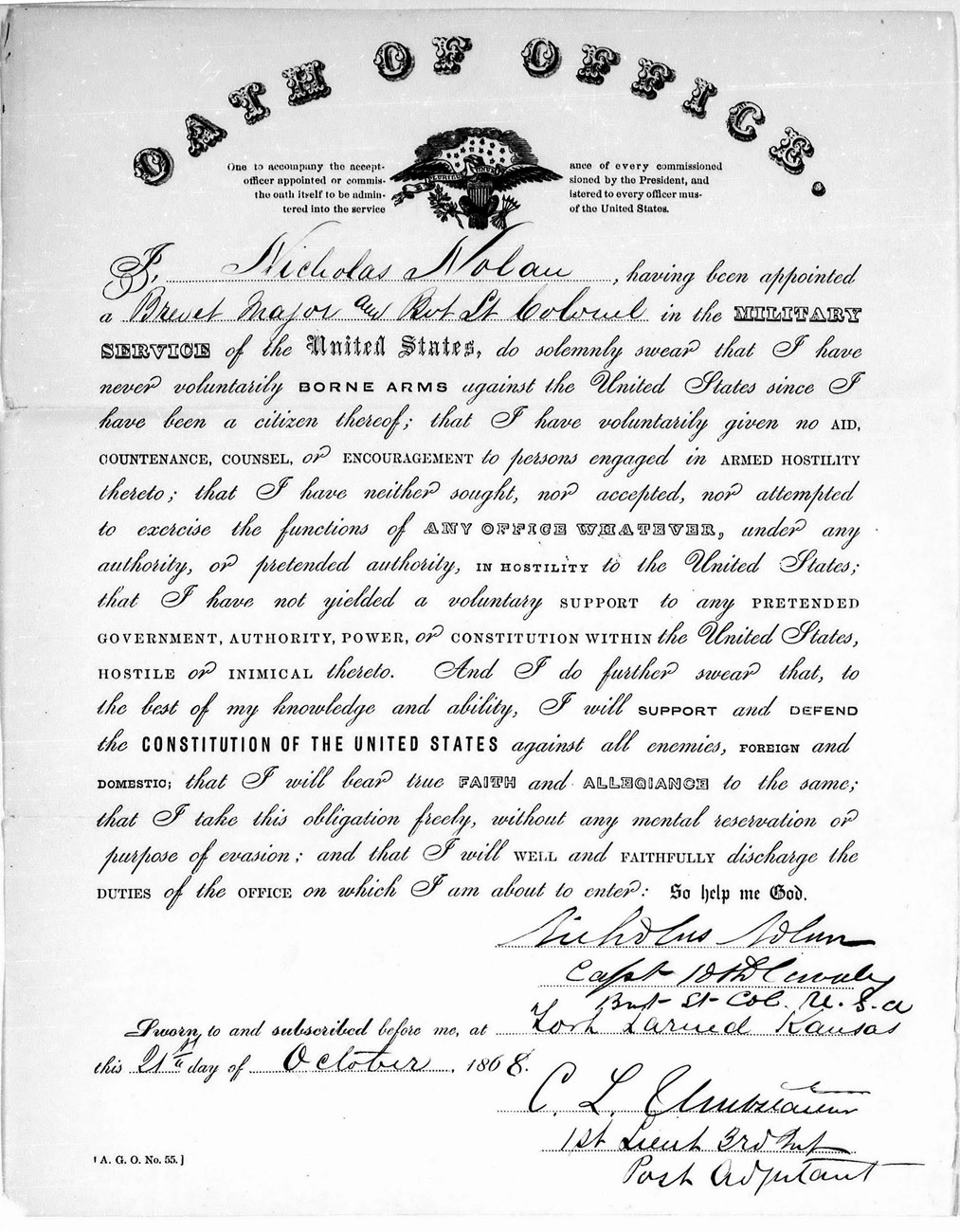Image of signed oath of office for Capt. Nolan