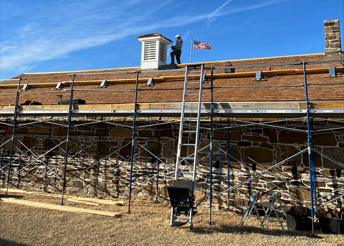 Scaffolding on the back side of the Quartermaster warehouse.