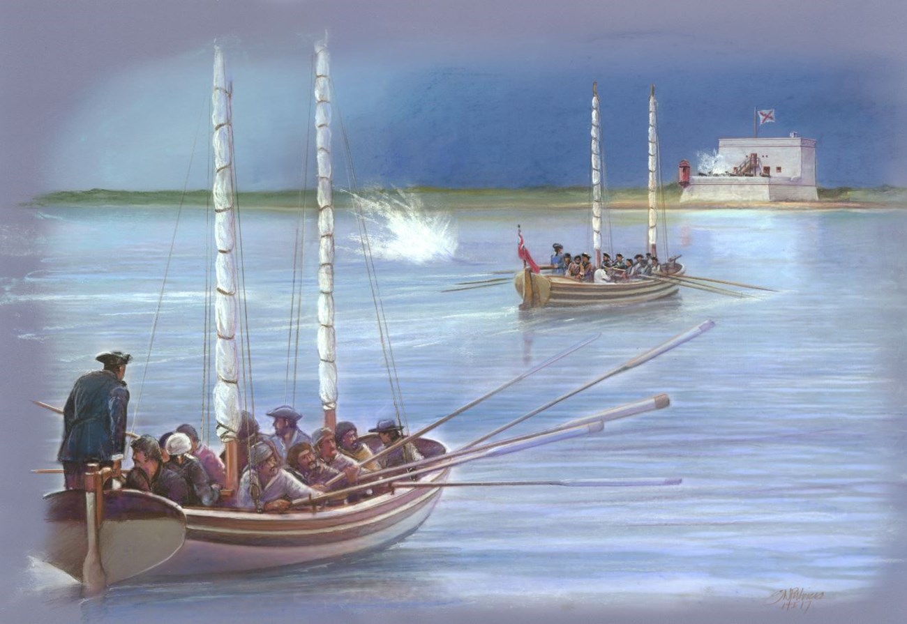 Two boats, Fort in Background. Artist drawing