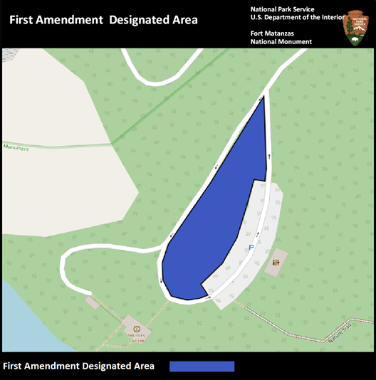 A map of first amendment designated area. The area is highlighted in blue and located in the middle of a loop road with parking on one side