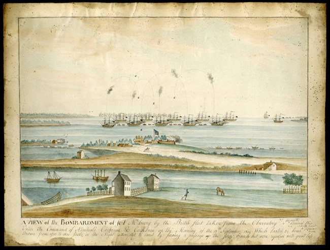 A historic painting depicting british ships firing on Fort McHenry.