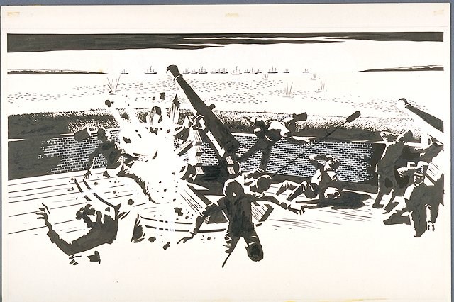 A black and white drawing showing an explosion on a cannon and several men falling to the ground with ships on the water in the distance.