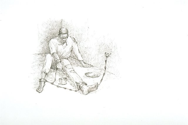 A sketch depicting an enslaved person in chains in a cell.