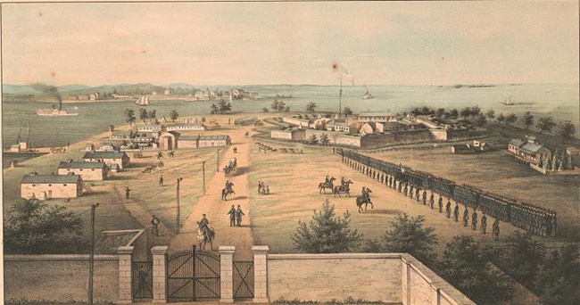 A painting depicting the fort during the Civil War. There are several buildings around the fort and lines of union soldiers.