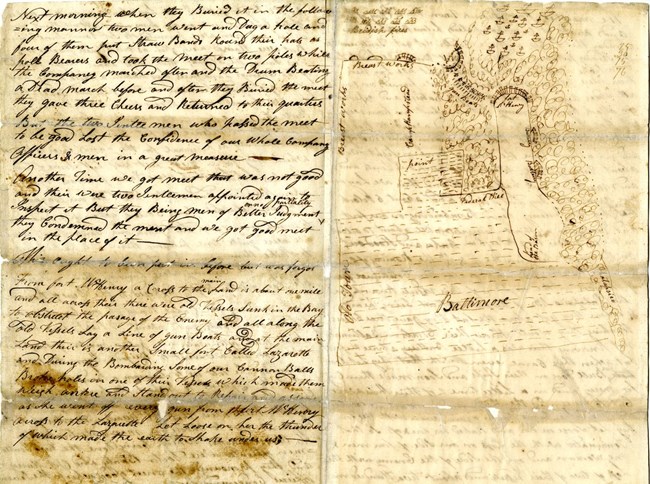 A handwritten letter with text on the left and a map depicting the Battle of Baltimore on the right.