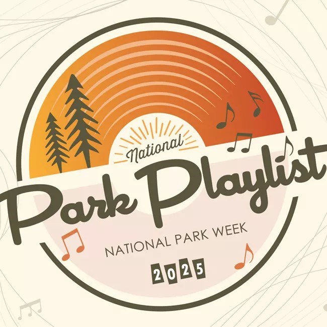 National Park Week 2025 logo shaped like a record, combining nature with music.