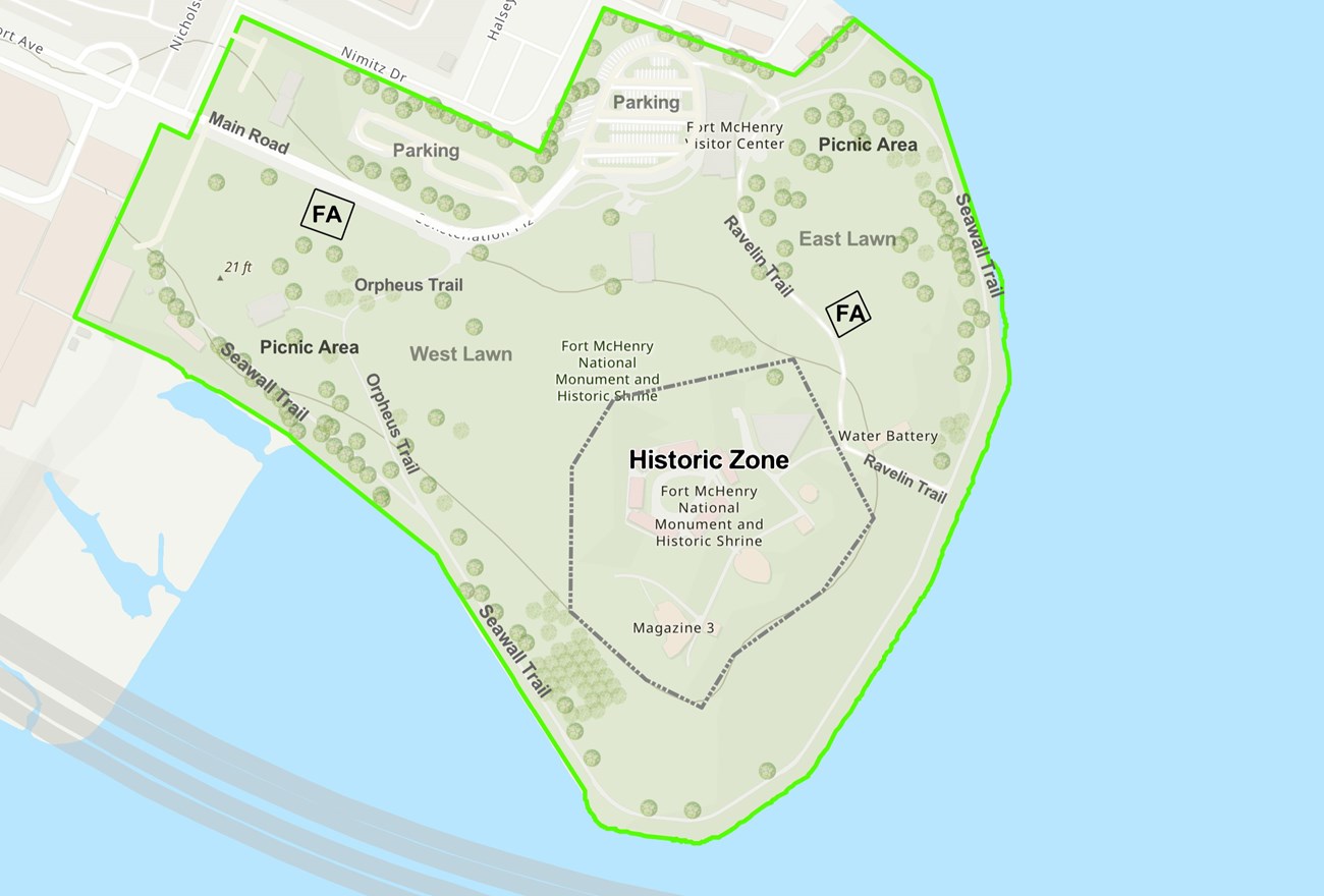 Map of Fort McHenry indicating specific park areas
