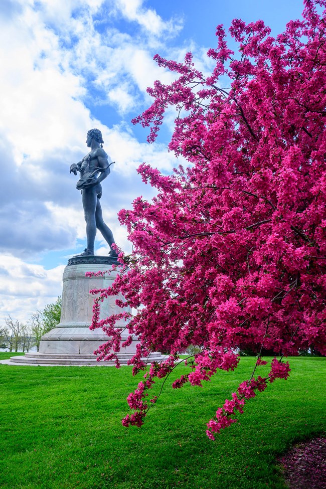 Orpheus statue with crabapples in blossom