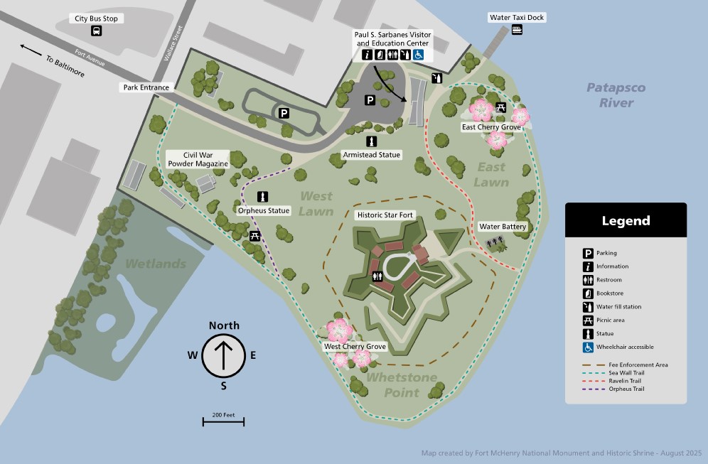 Map of fort mchenry national monument and historic shrine with cherry blossoms near the groves for better visual