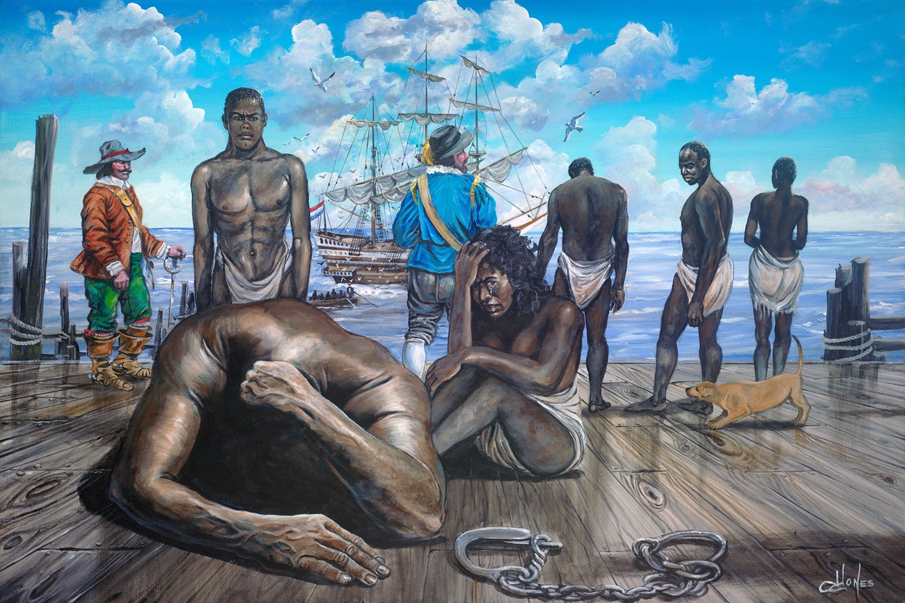 A painting depicts anguished enslaved men and women unshackled on a dock.