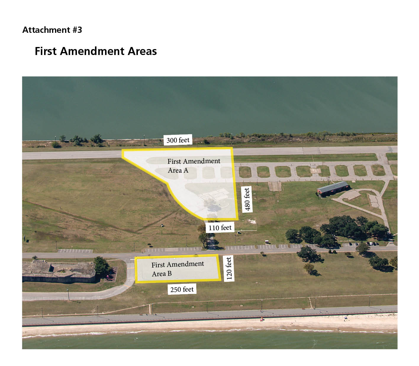 Aerial picture of section of Walker Airfield with white overlays showing 1st Amendment Areas with measurements.