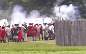 Re-enactors of British troops forming ranks before the battle of Fort Necessity