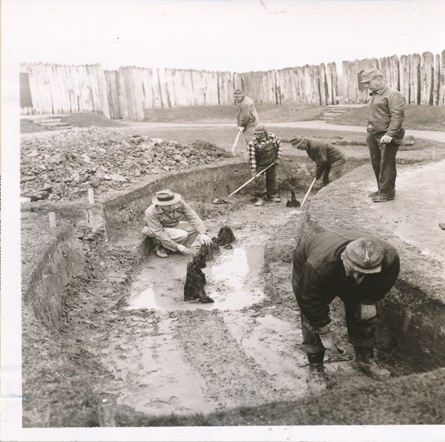 Archaeologists in the ground with a section of the stockade wall still visible in the ground.