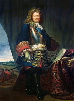 Portrait of Marshal Vauban wearing a blue coat over armor.