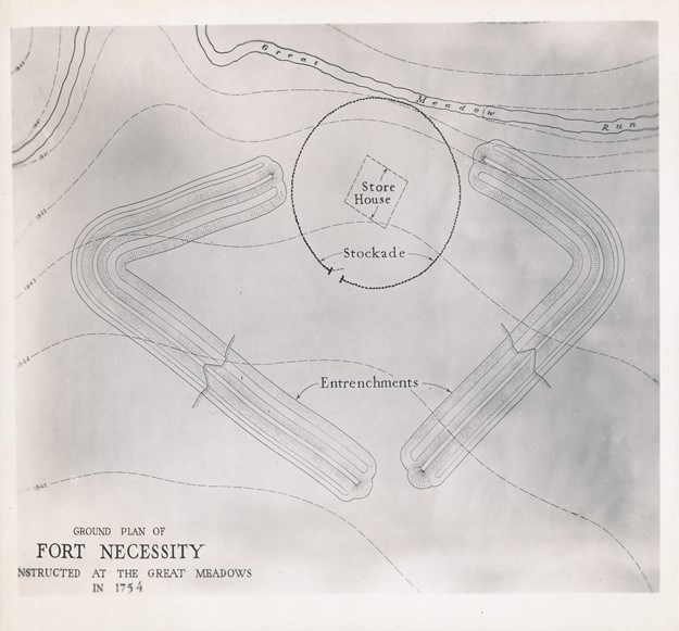A diagram showing the circular stockade surrounded by two arrow shaped earthworks.